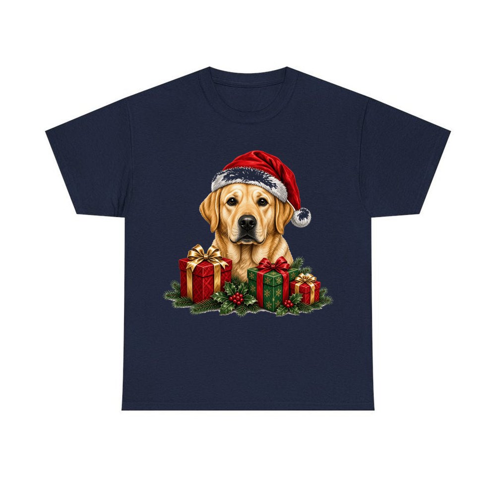 Labrador with Christmas Presents personalised Christmas T-shirt in navy
