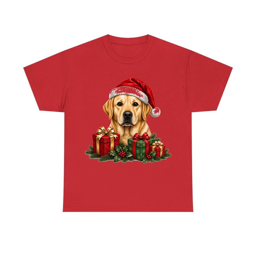Labrador with Christmas Presents personalised Christmas T-shirt in red