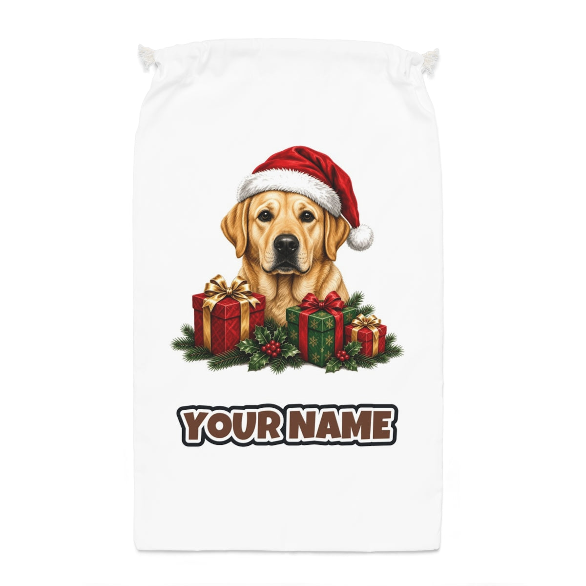 Labrador with Christmas Presents Santa sack laid flat, showing the full print