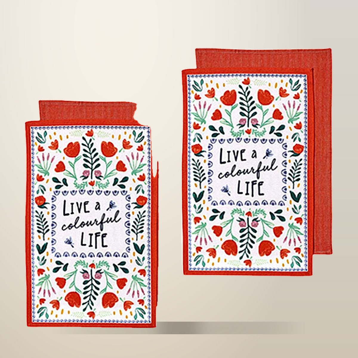 Ladelle Villa Cotton Kitchen Towels, Set of 4, Red, on a plain cream background
