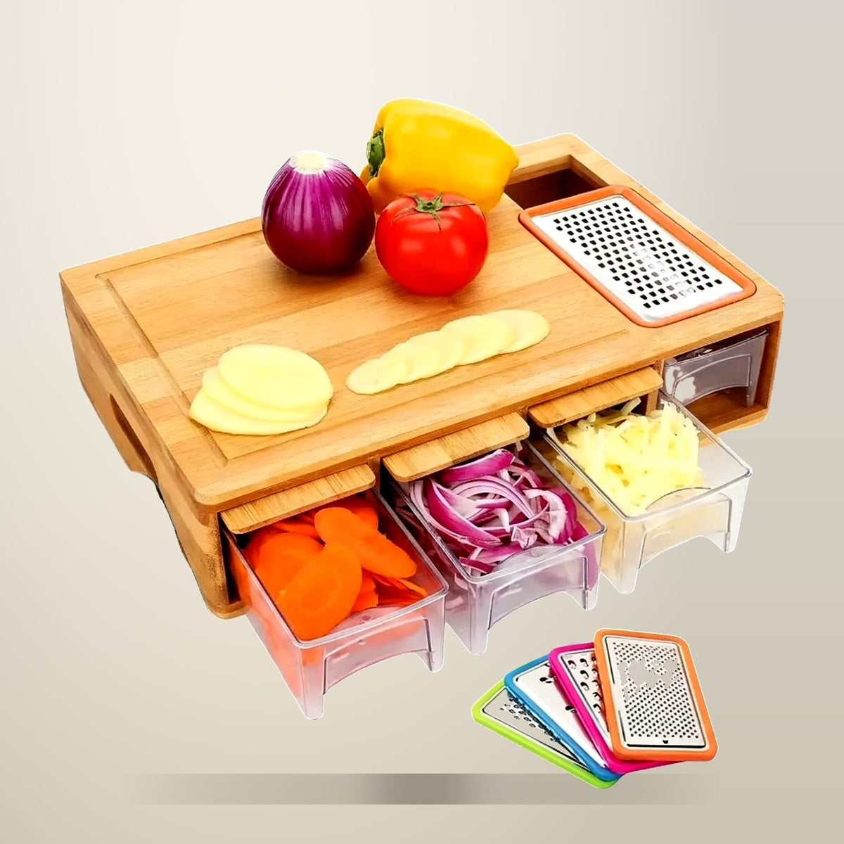 Carla Home Bamboo Cutting Board with 4 Containers, on a plain cream background