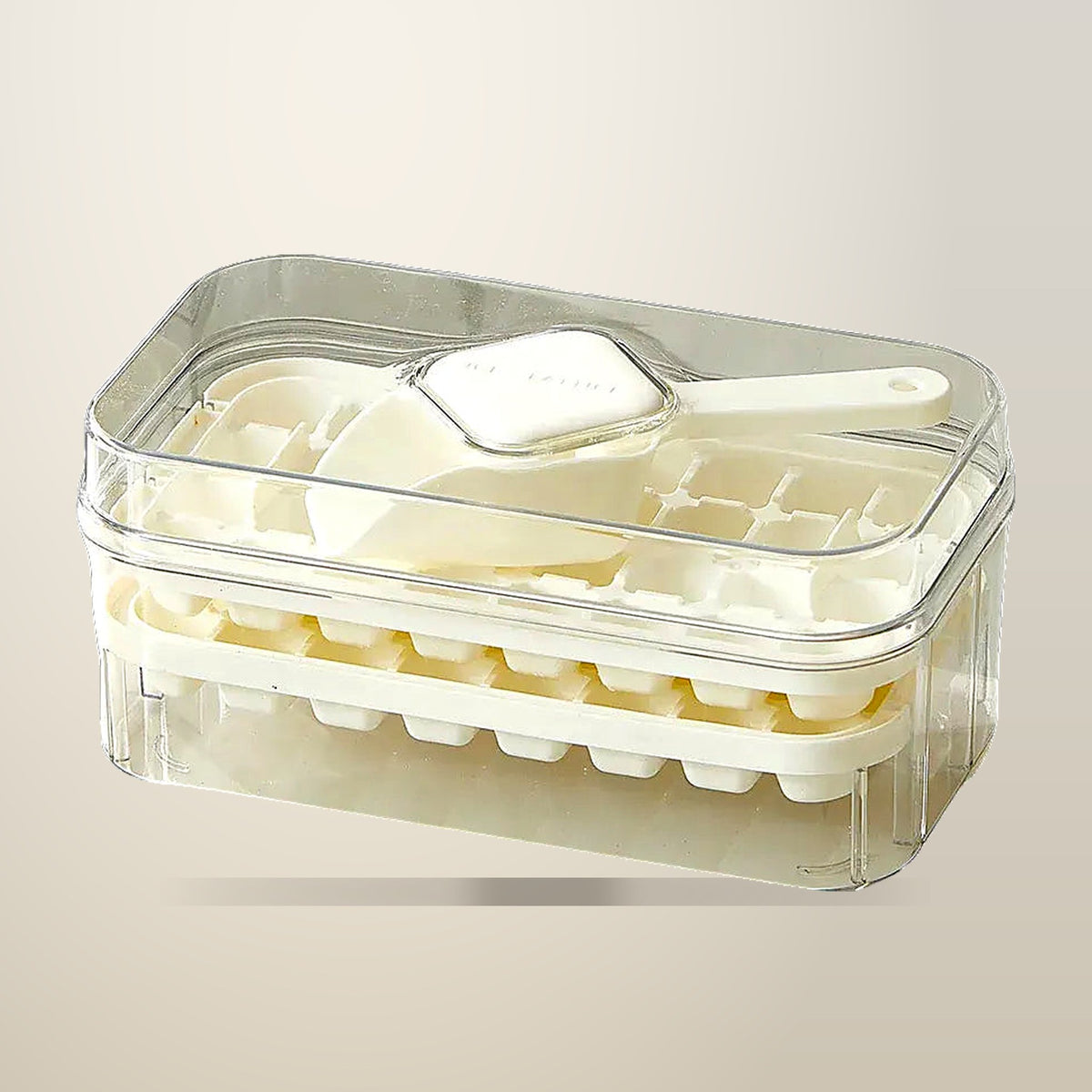 Press Type Ice Cube Tray with Storage Container, on a plain cream background