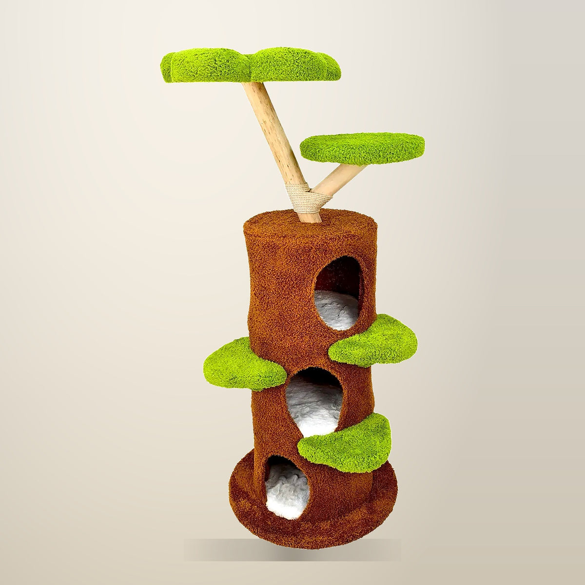 Genux Multi-Level Cat Tree Tower, Green and Brown, on a plain cream background