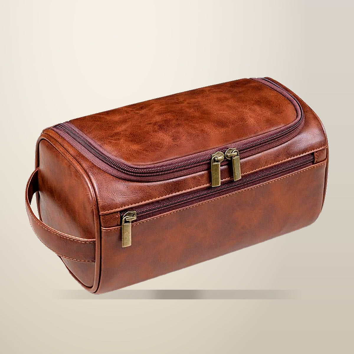 Large PU Leather Toiletry Bag with Double Zip, Red Brown, on a plain cream background
