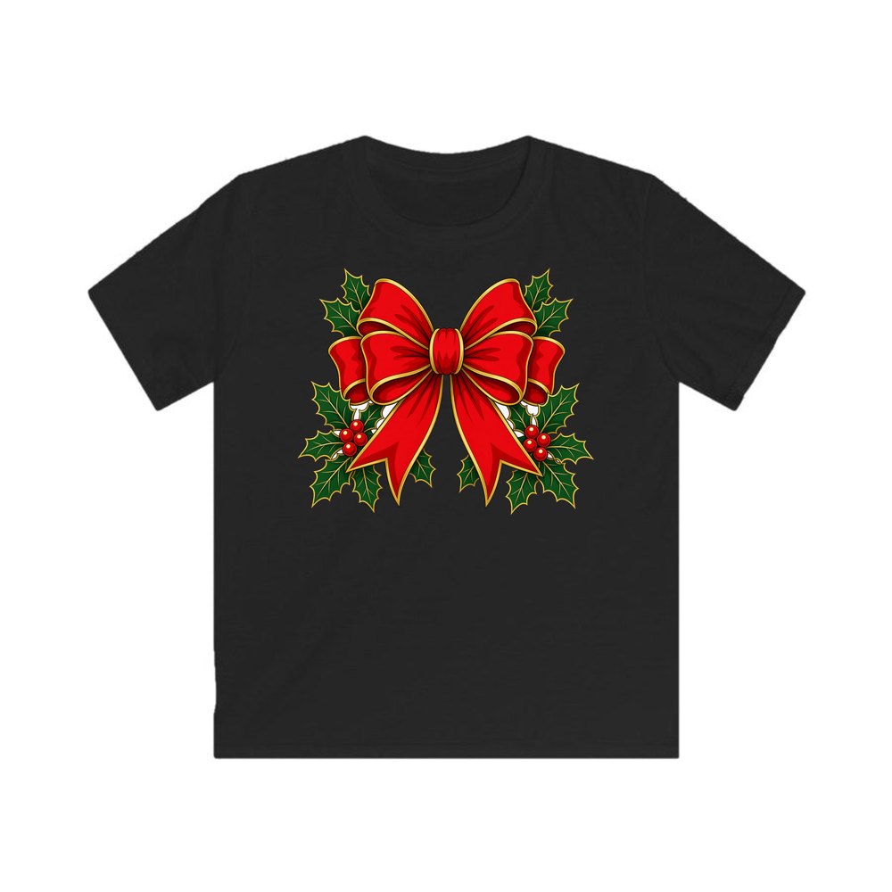 Large Red Bow With Holly personalised kids Christmas tee in black