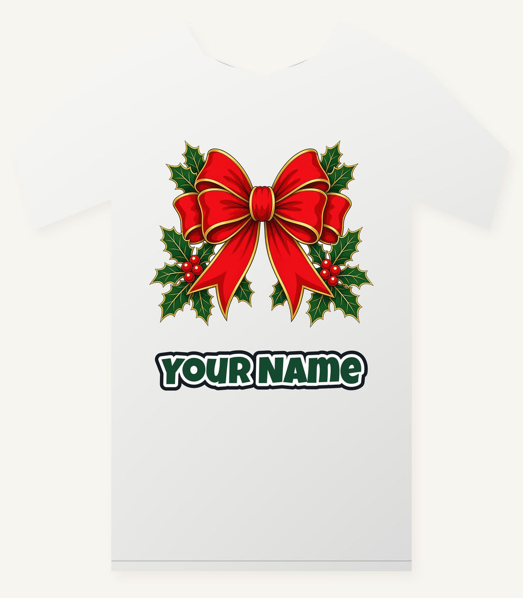 Large Red Bow With Holly Personalised Christmas T-Shirt and Hoodie