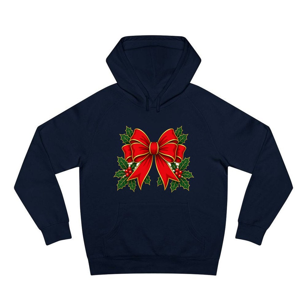 Large Red Bow With Holly personalised Christmas hoodie in navy