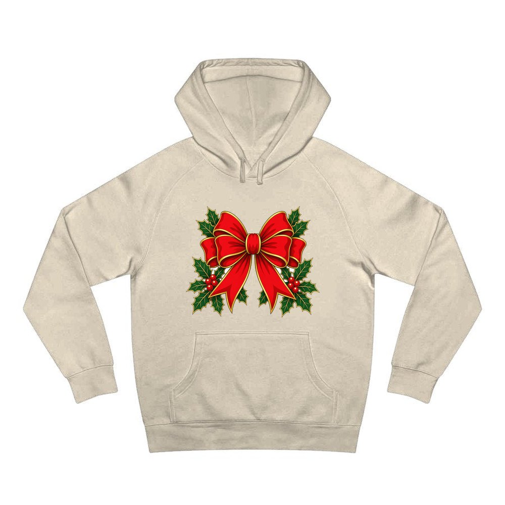Large Red Bow With Holly personalised Christmas hoodie in sand