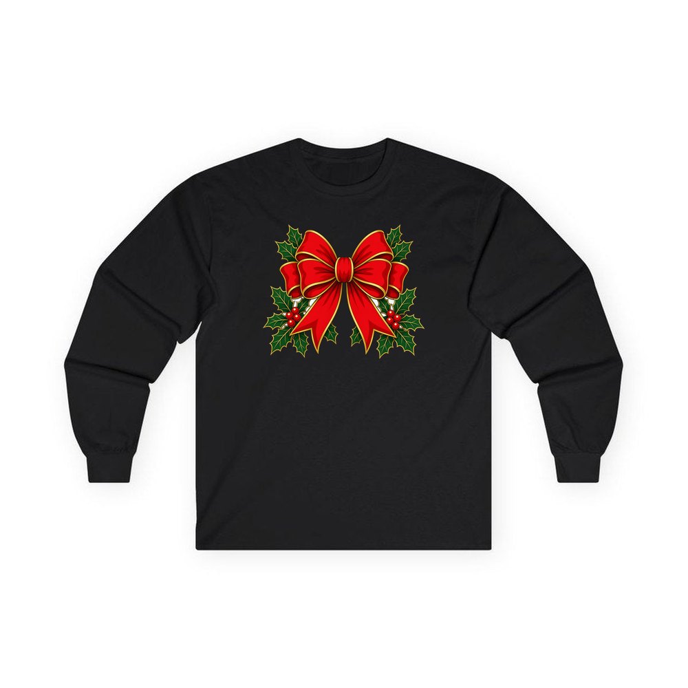Large Red Bow With Holly personalised long sleeve Christmas T-shirt in black