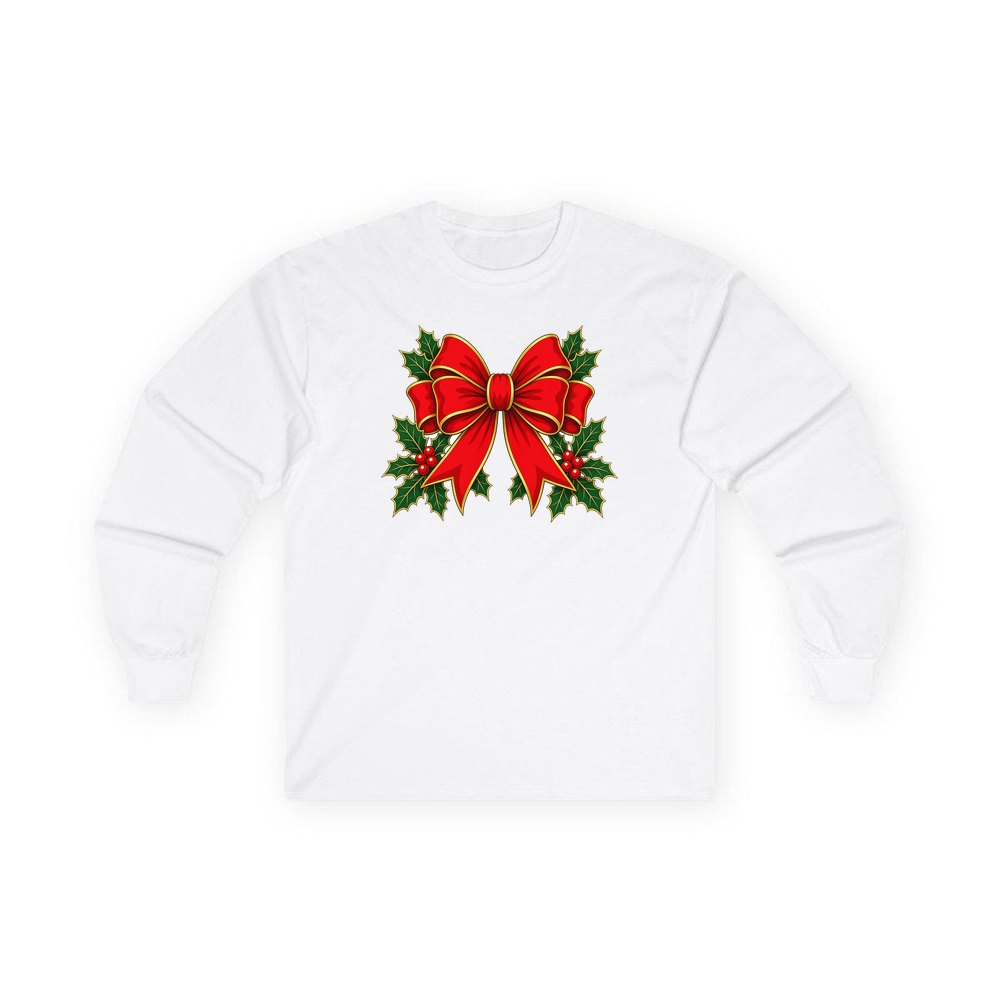 Large Red Bow With Holly personalised long sleeve Christmas T-shirt in white