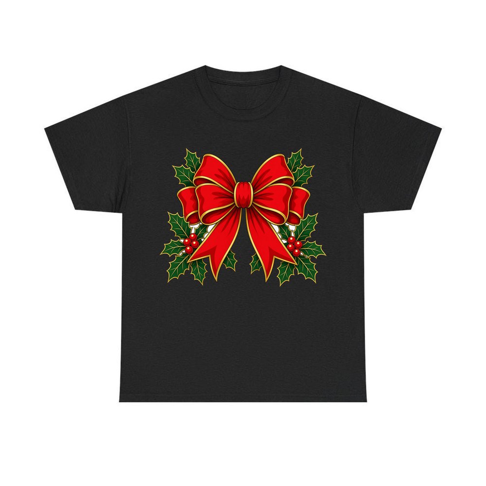 Large Red Bow With Holly personalised Christmas T-shirt in black