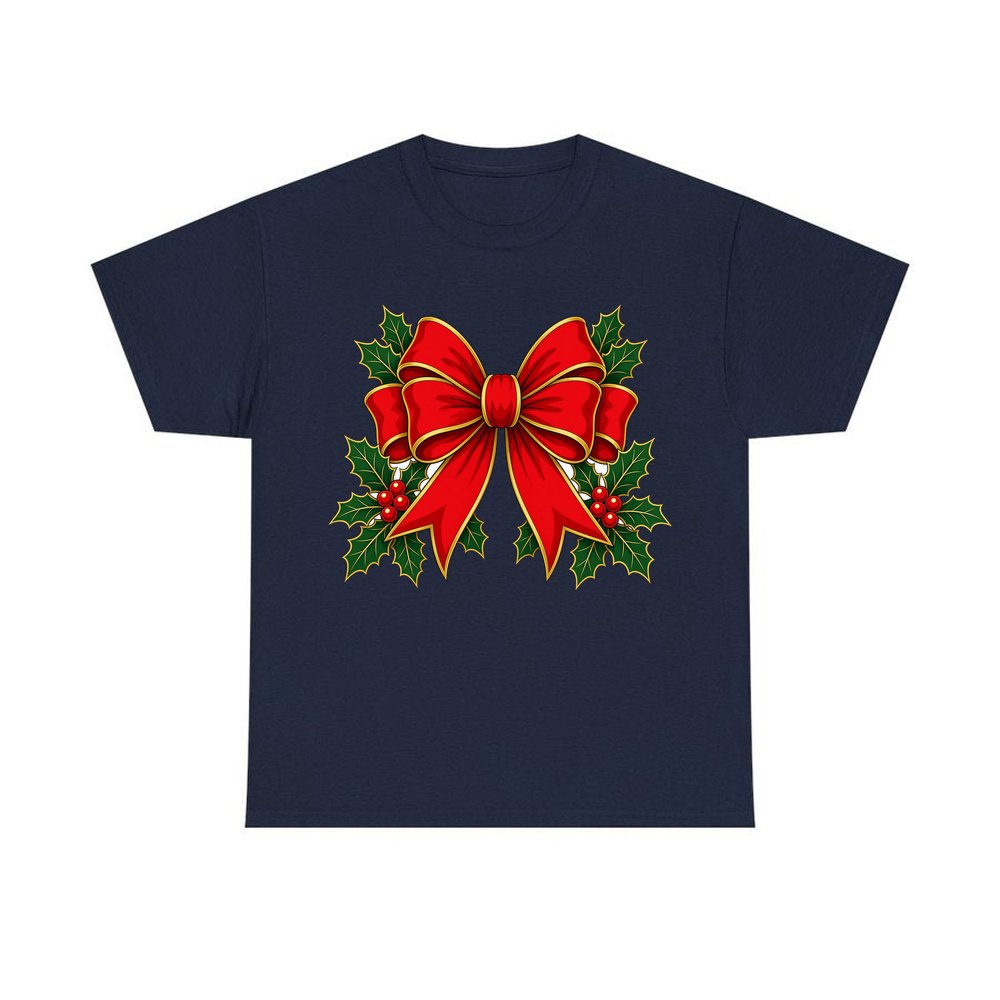 Large Red Bow With Holly personalised Christmas T-shirt in navy