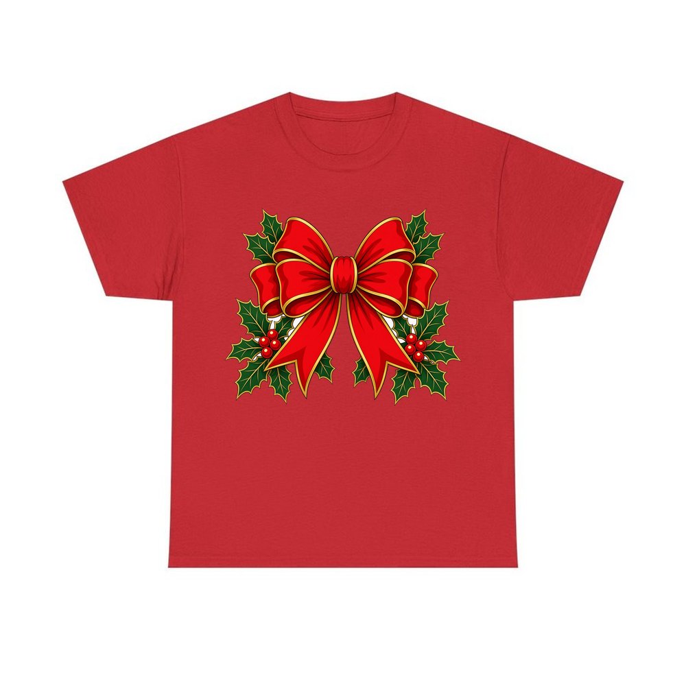 Large Red Bow With Holly personalised Christmas T-shirt in red