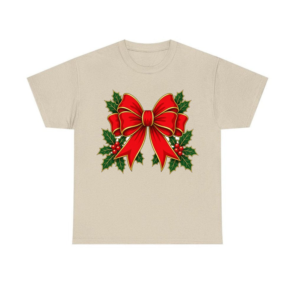 Large Red Bow With Holly personalised Christmas T-shirt in sand