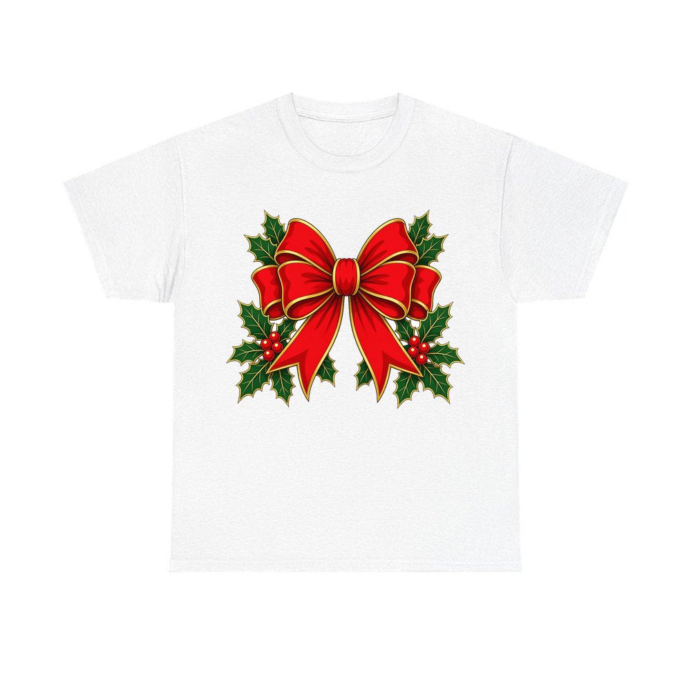Large Red Bow With Holly personalised Christmas T-shirt in white