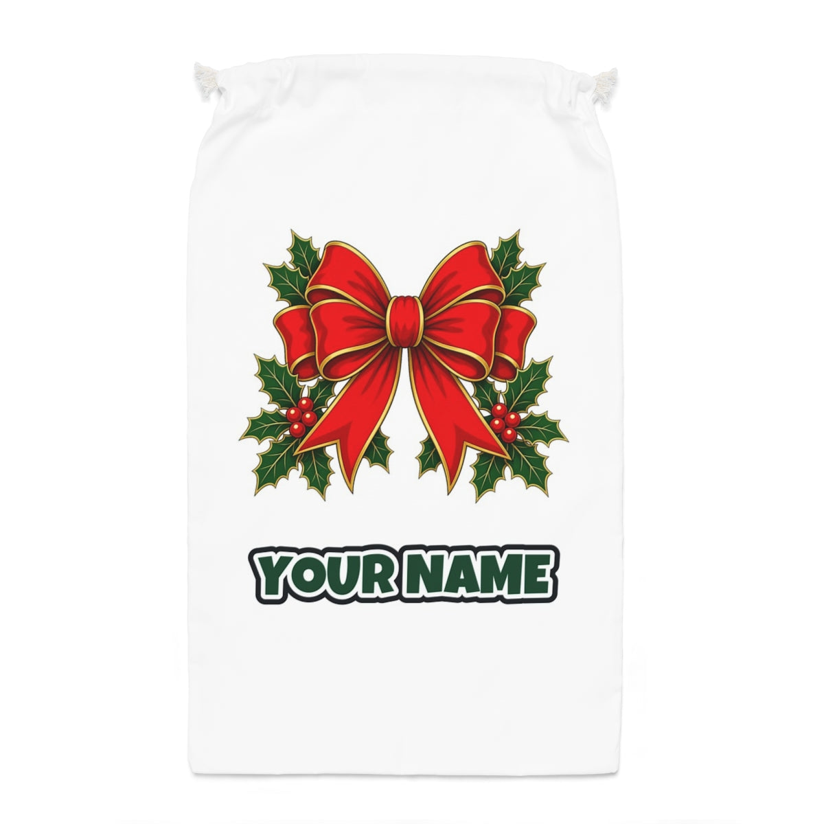 Large Red Bow With Holly Santa sack laid flat, showing the full print