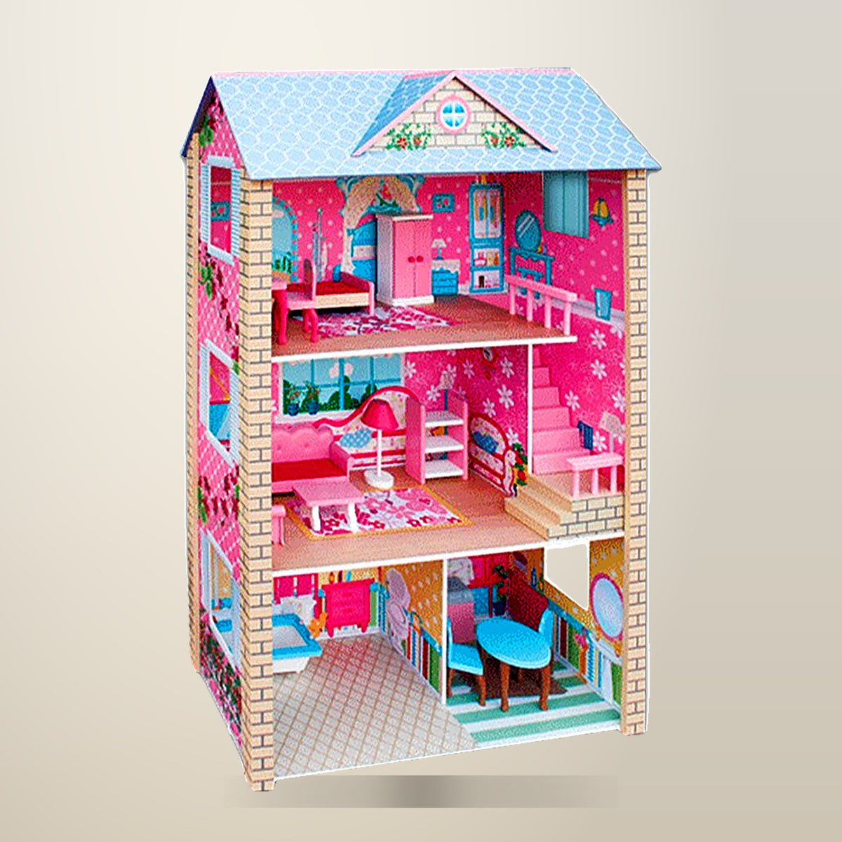 Bargene 3 Level Wooden Dolls House, 118 x 77 x 35 cm, on a plain cream background