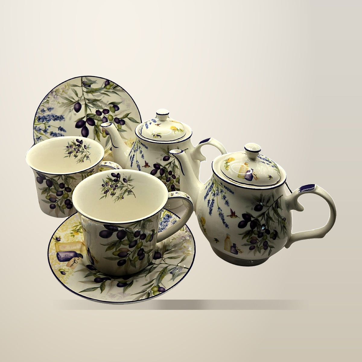 Lavender and Olive Porcelain Tea Set for 2, on a plain cream background