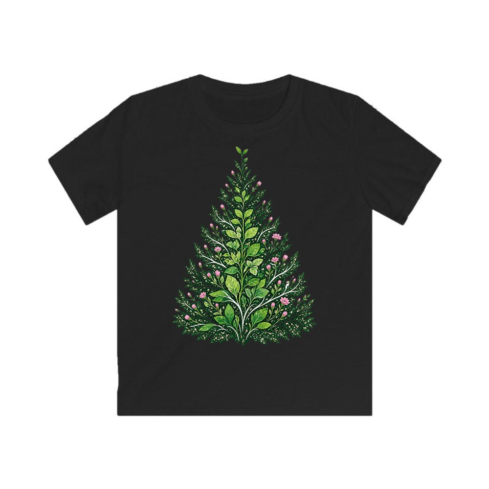Leafy Botanical Tree personalised kids Christmas tee in black