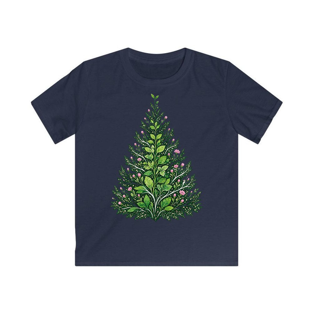 Leafy Botanical Tree personalised kids Christmas tee in navy