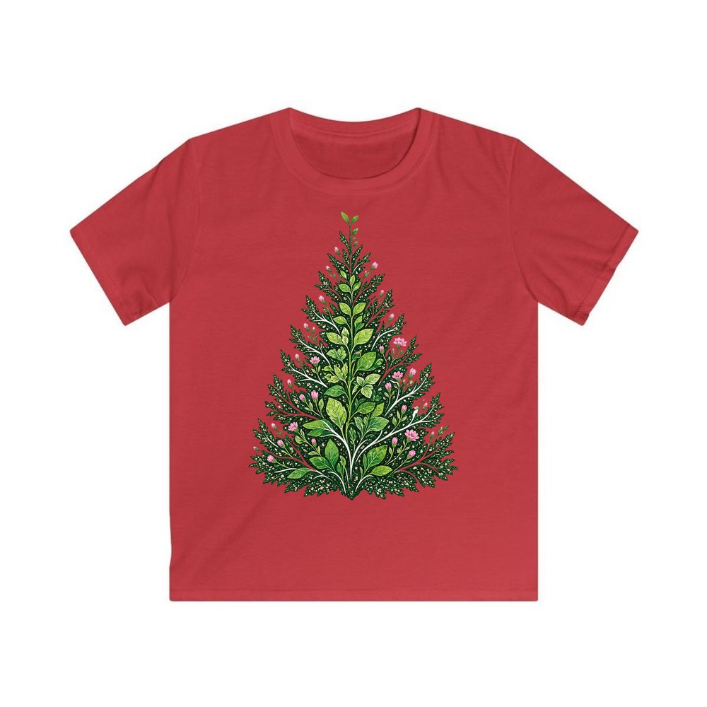 Leafy Botanical Tree personalised kids Christmas tee in red
