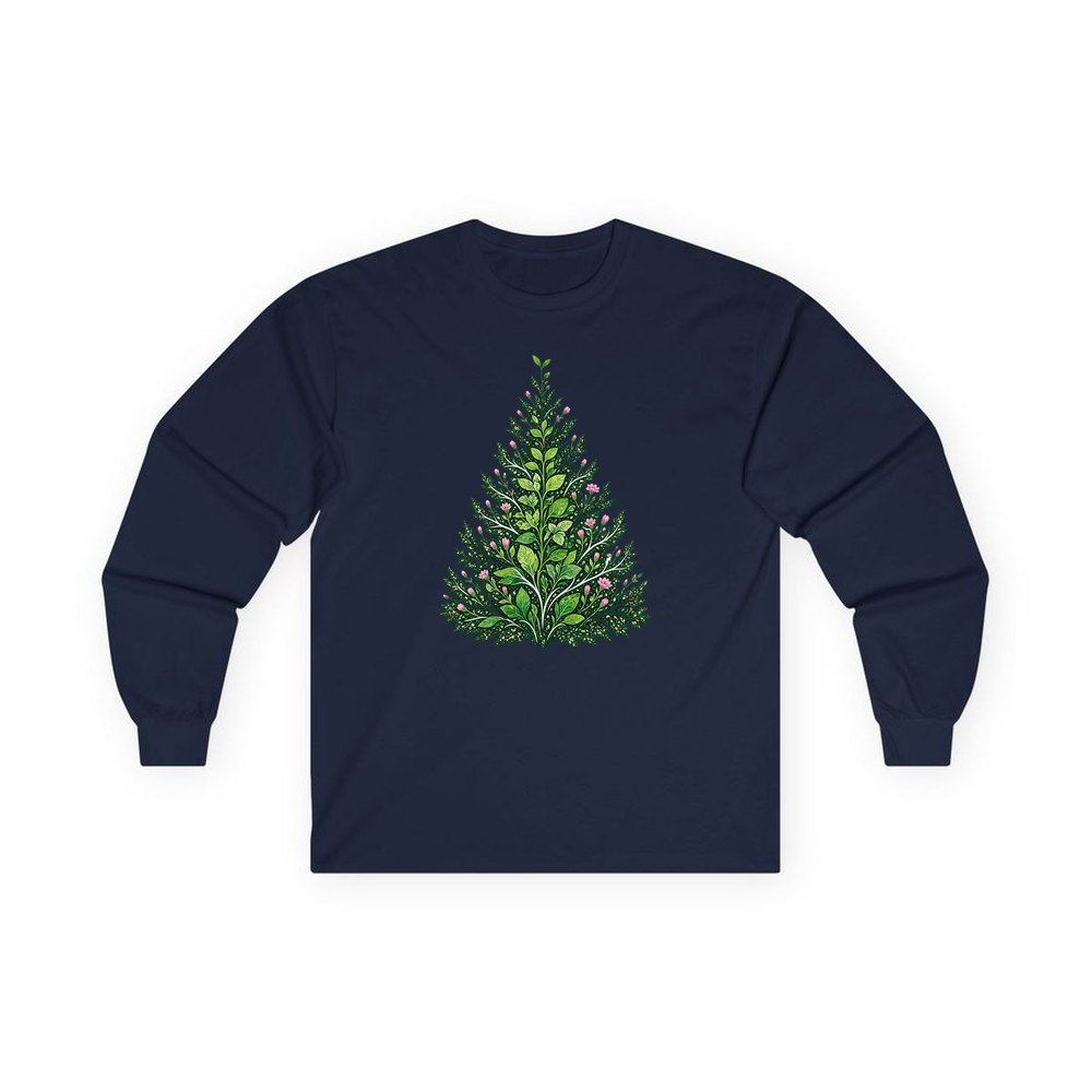 Leafy Botanical Tree personalised long sleeve Christmas T-shirt in navy