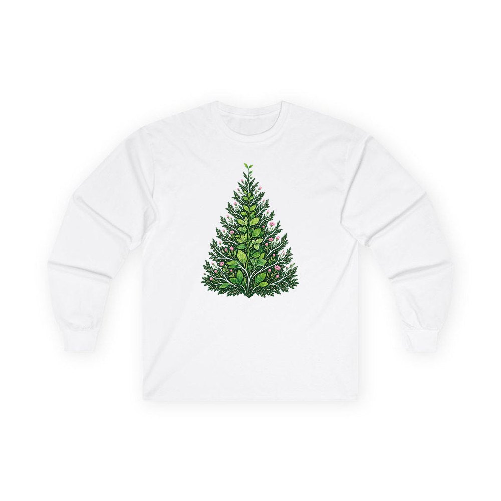 Leafy Botanical Tree personalised long sleeve Christmas T-shirt in white