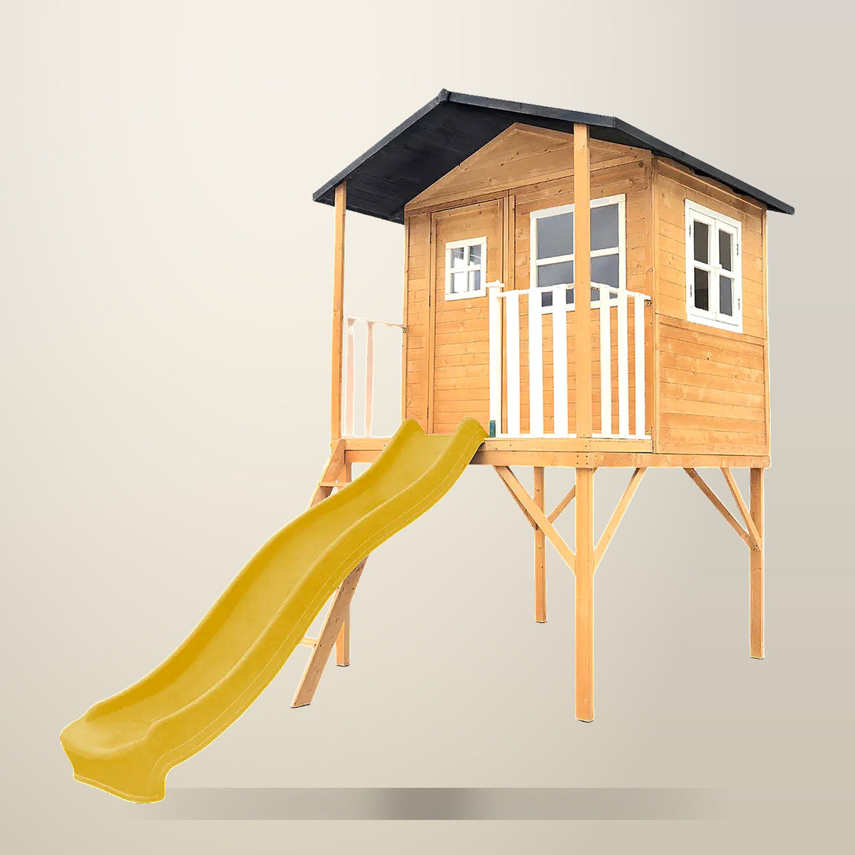 Lifespan Kids Burleigh Cubby House with 2.2 m Slide, on a plain cream background