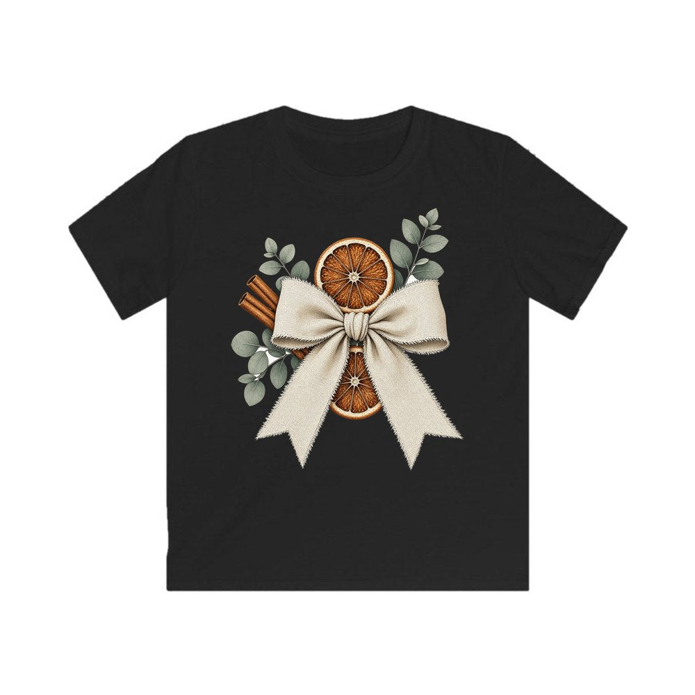 Linen Bow With Dried Orange personalised kids Christmas tee in black