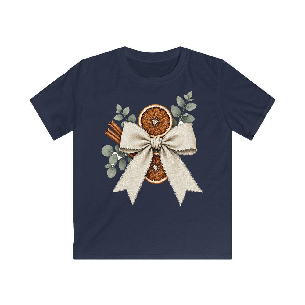 Linen Bow With Dried Orange personalised kids Christmas tee in navy