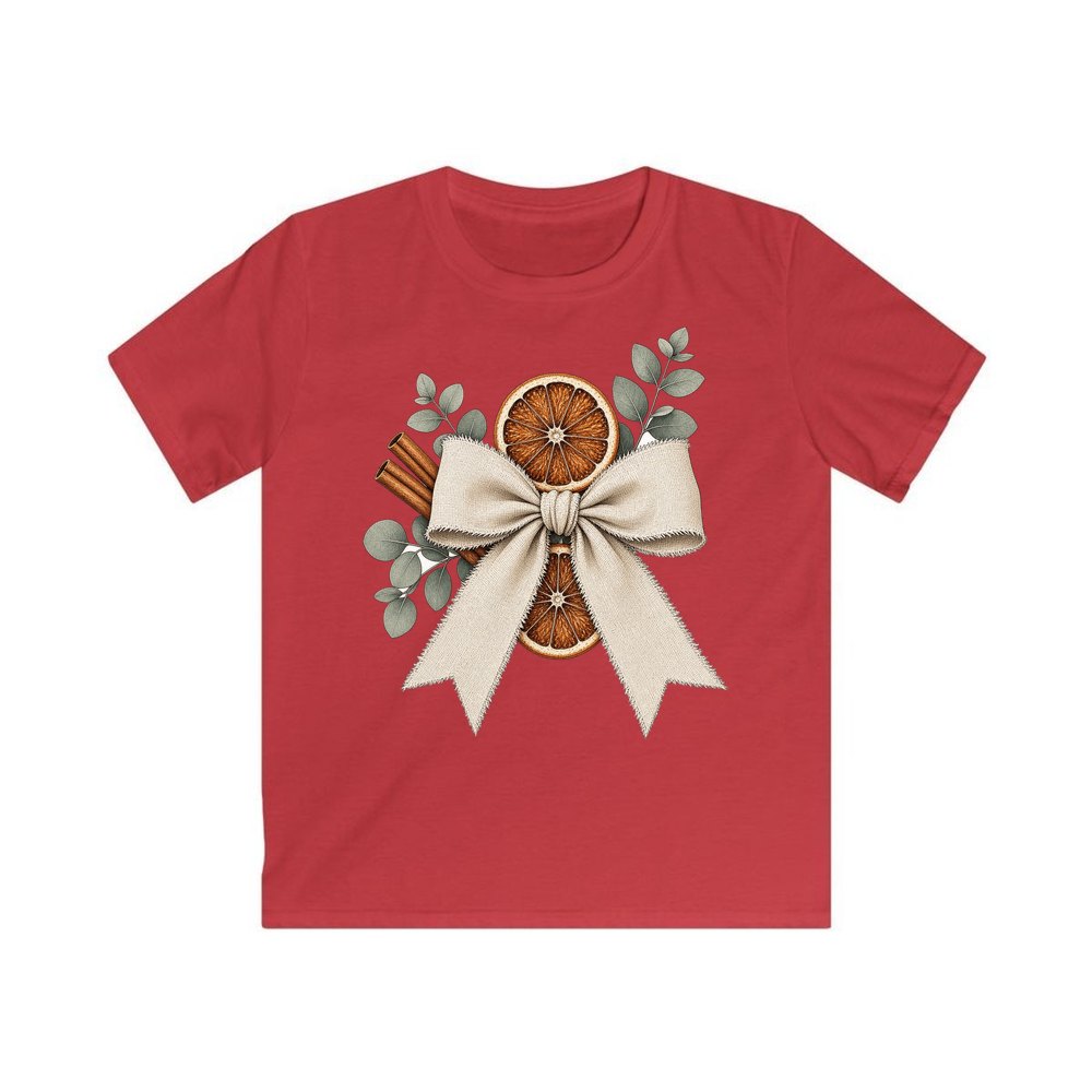 Linen Bow With Dried Orange personalised kids Christmas tee in red