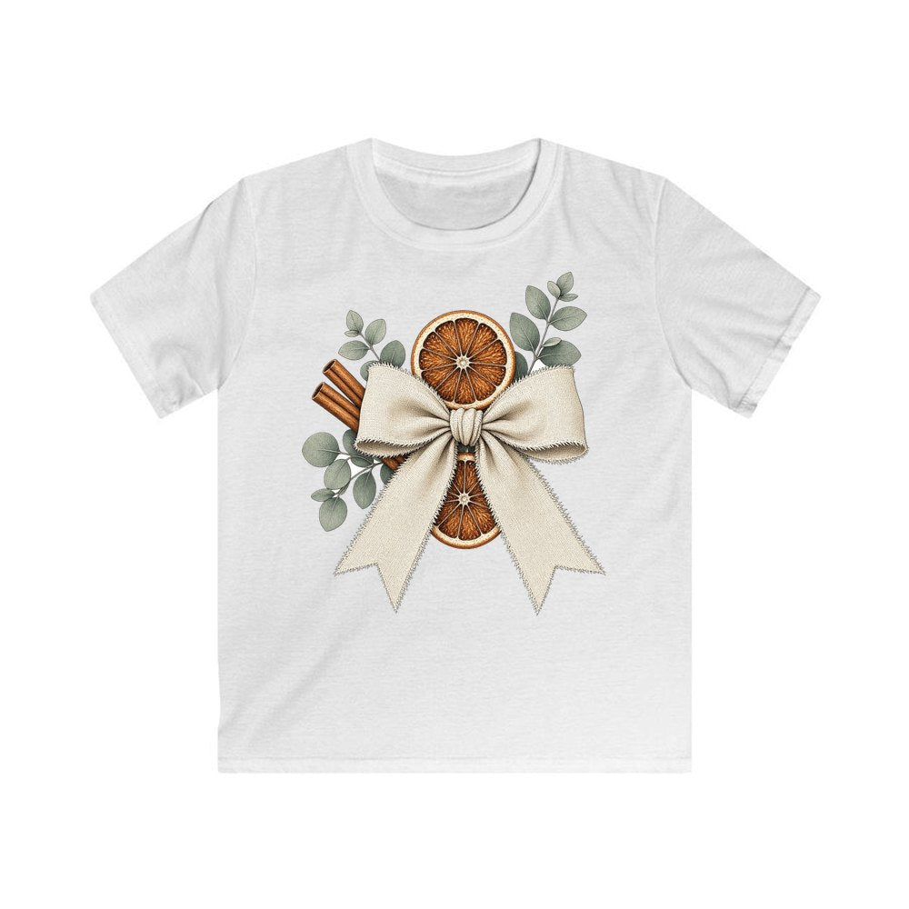 Linen Bow With Dried Orange personalised kids Christmas tee in white