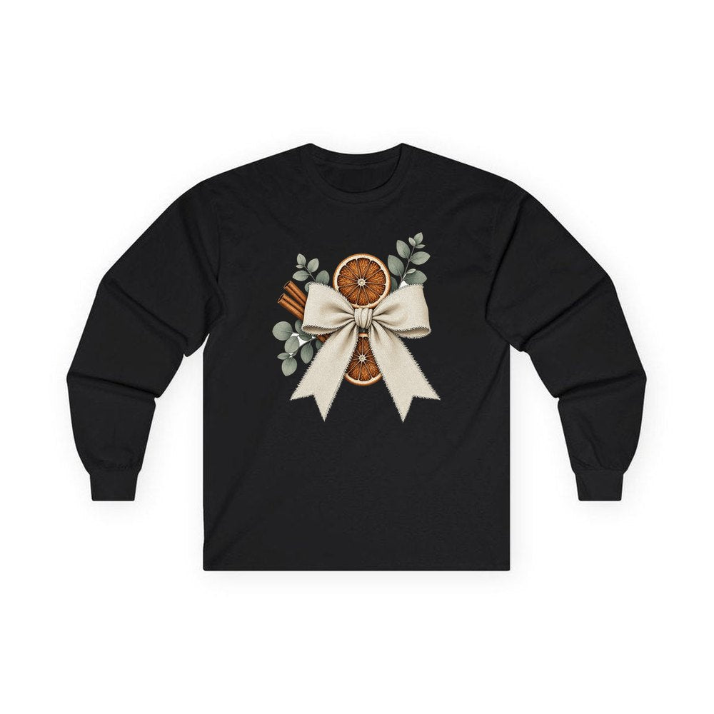 Linen Bow With Dried Orange personalised long sleeve Christmas T-shirt in black