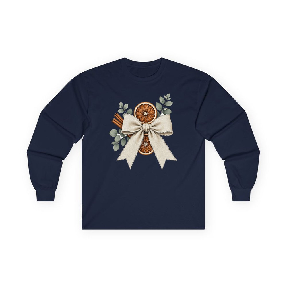 Linen Bow With Dried Orange personalised long sleeve Christmas T-shirt in navy