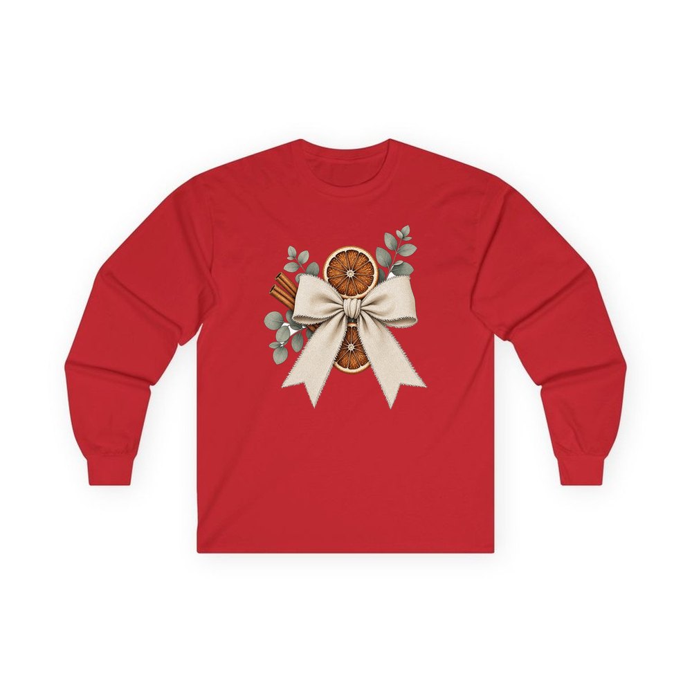 Linen Bow With Dried Orange personalised long sleeve Christmas T-shirt in red