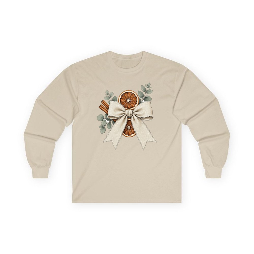Linen Bow With Dried Orange personalised long sleeve Christmas T-shirt in sand