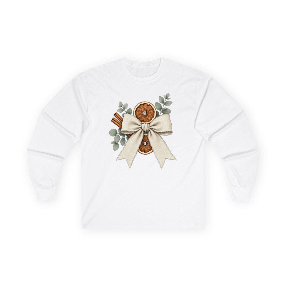 Linen Bow With Dried Orange personalised long sleeve Christmas T-shirt in white