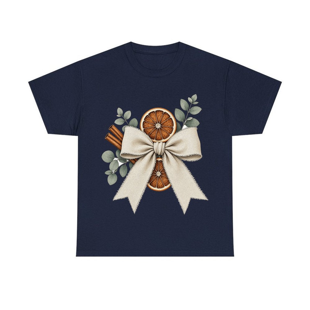 Linen Bow With Dried Orange personalised Christmas T-shirt in navy