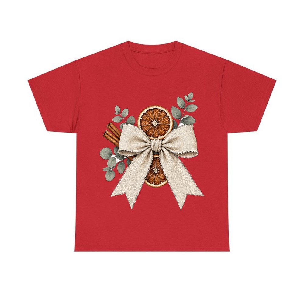 Linen Bow With Dried Orange personalised Christmas T-shirt in red