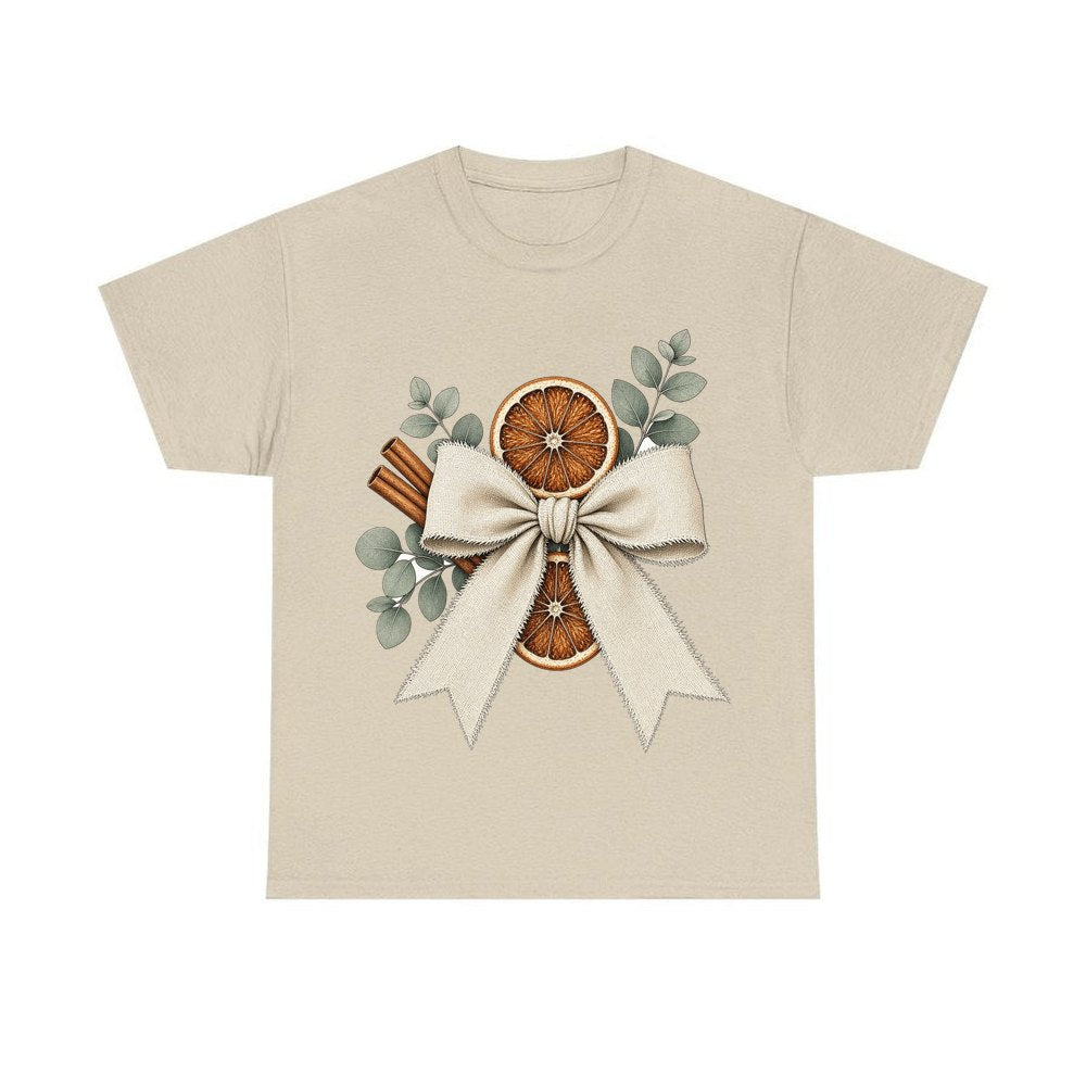 Linen Bow With Dried Orange personalised Christmas T-shirt in sand