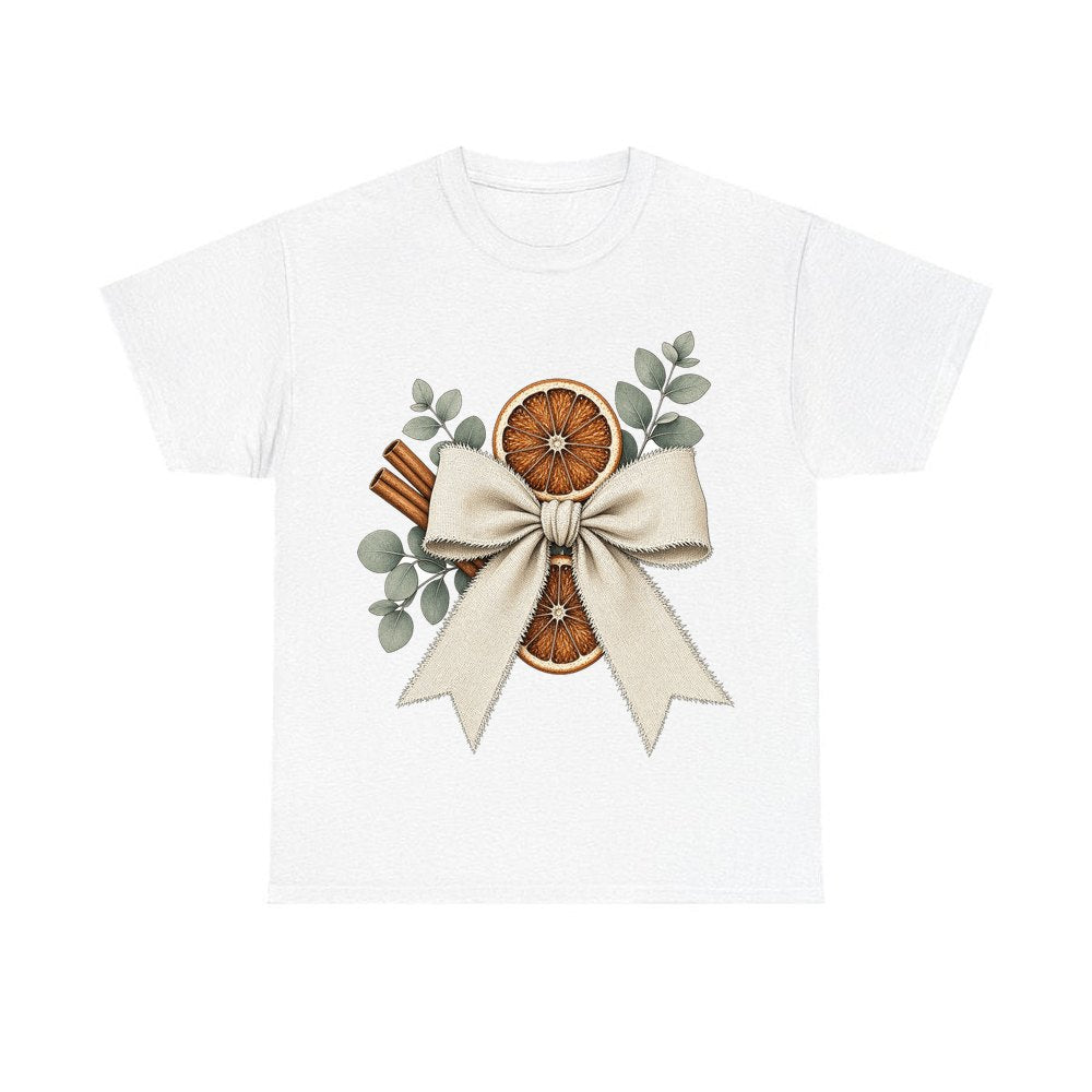 Linen Bow With Dried Orange personalised Christmas T-shirt in white