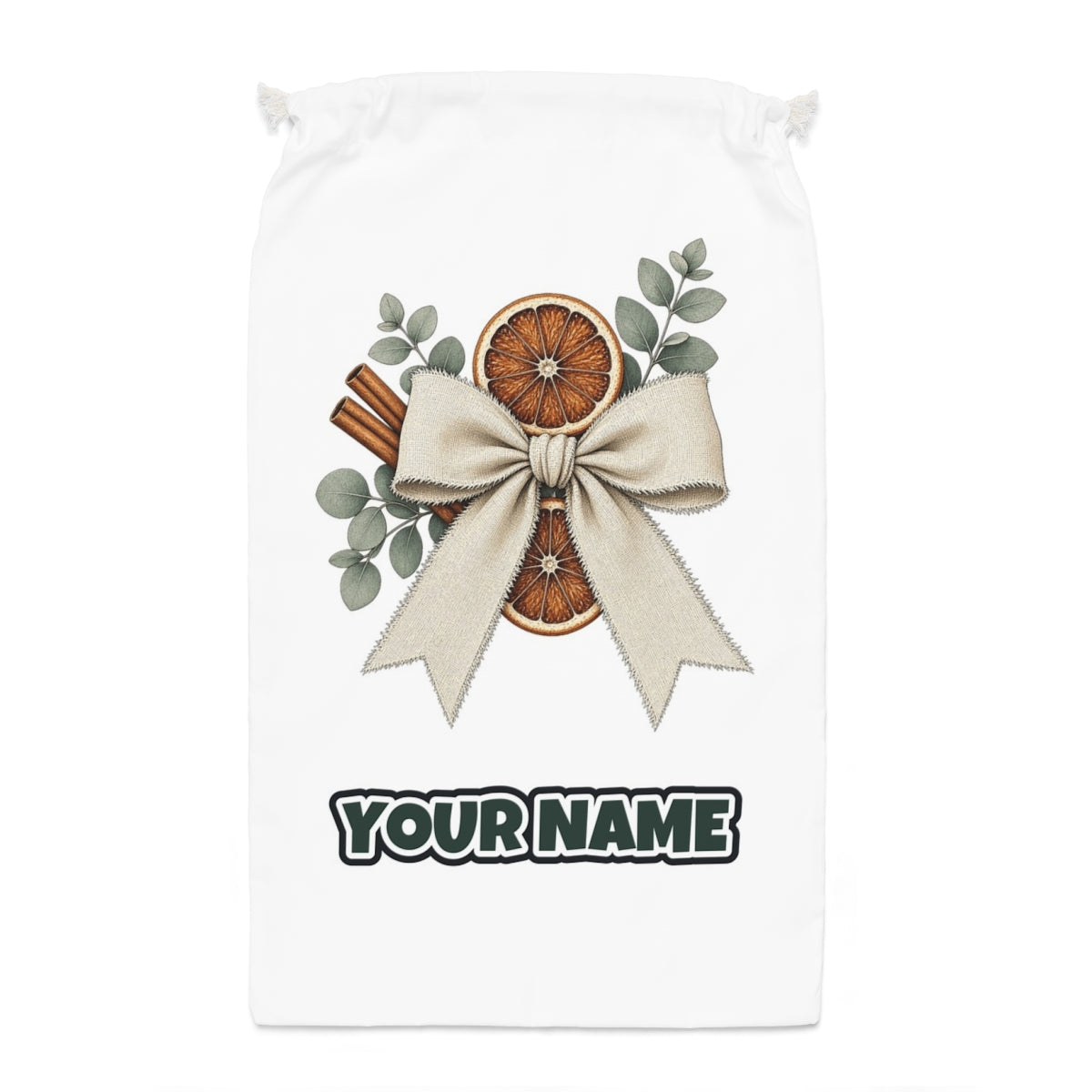 Linen Bow With Dried Orange Santa sack laid flat, showing the full print