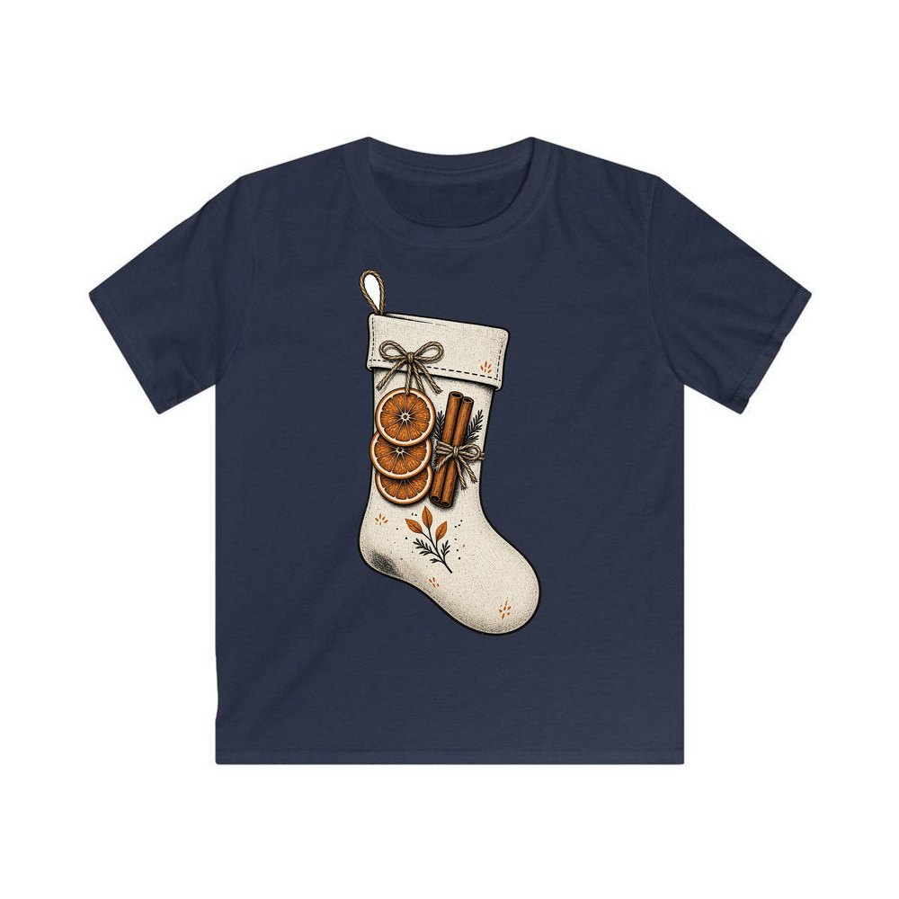 Linen Stocking With Orange Slices personalised kids Christmas tee in navy