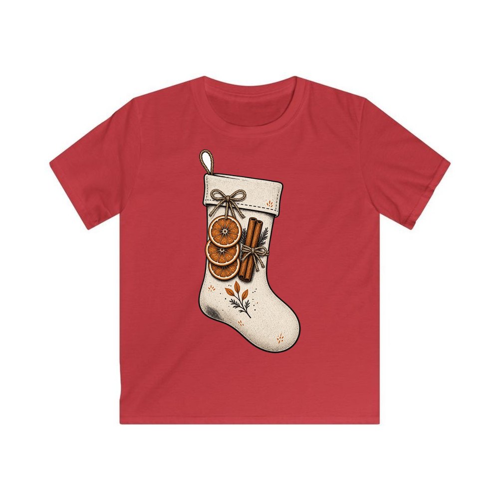 Linen Stocking With Orange Slices personalised kids Christmas tee in red