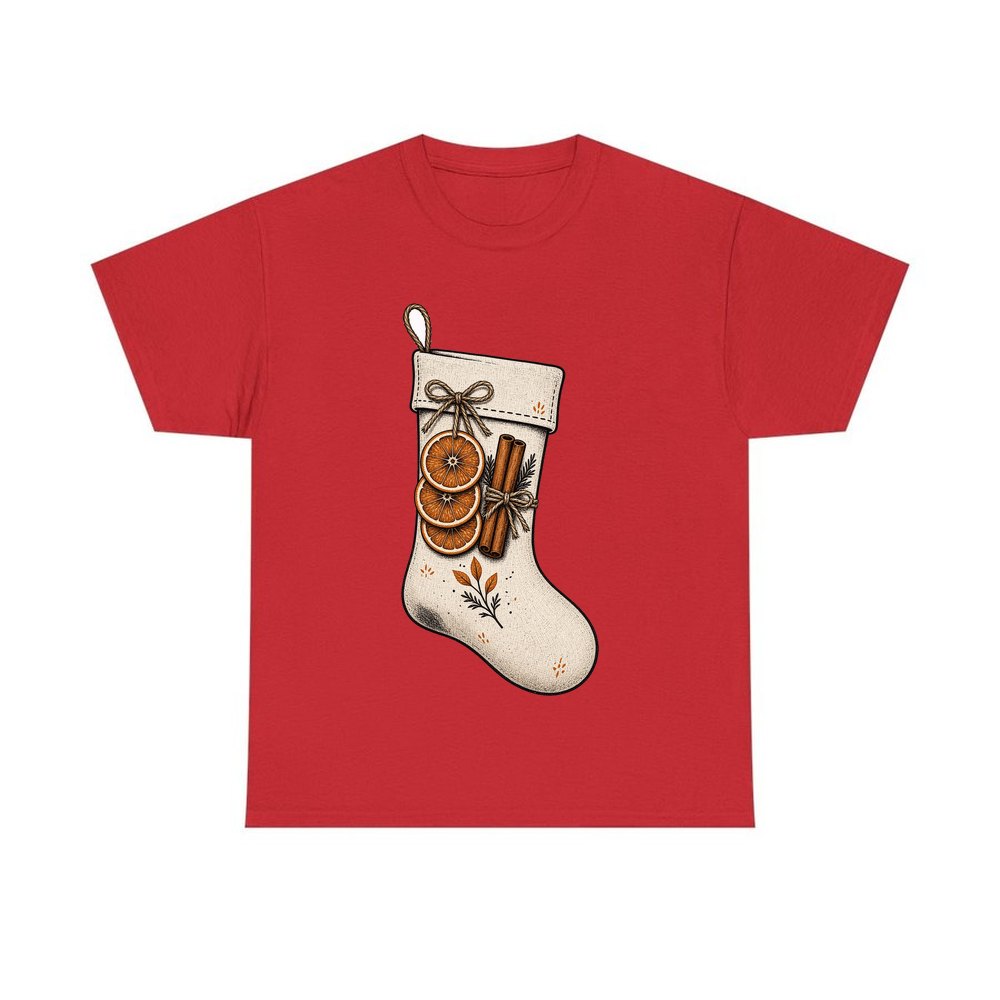 Linen Stocking With Orange Slices personalised Christmas T-shirt in red