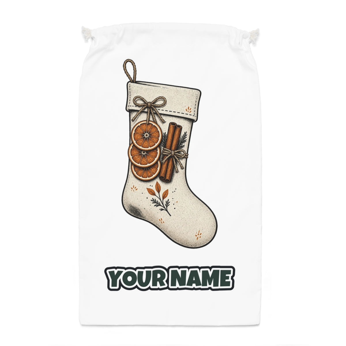Linen Stocking With Orange Slices Santa sack laid flat, showing the full print