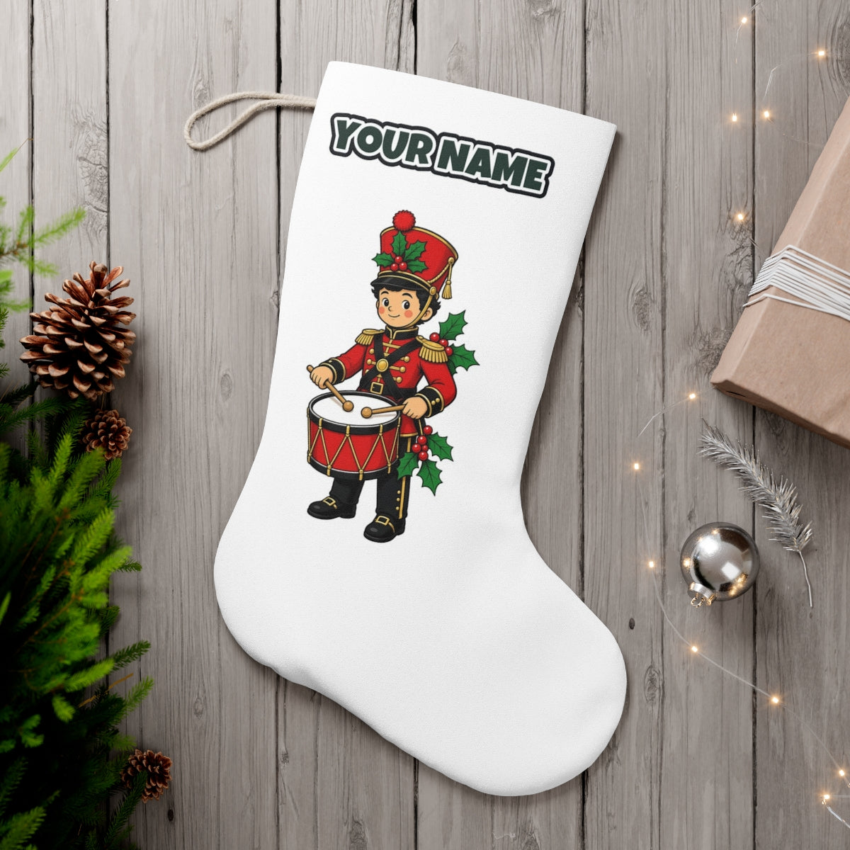 Little Christmas Drummer Boy personalised Christmas stocking, white, with the name across the top