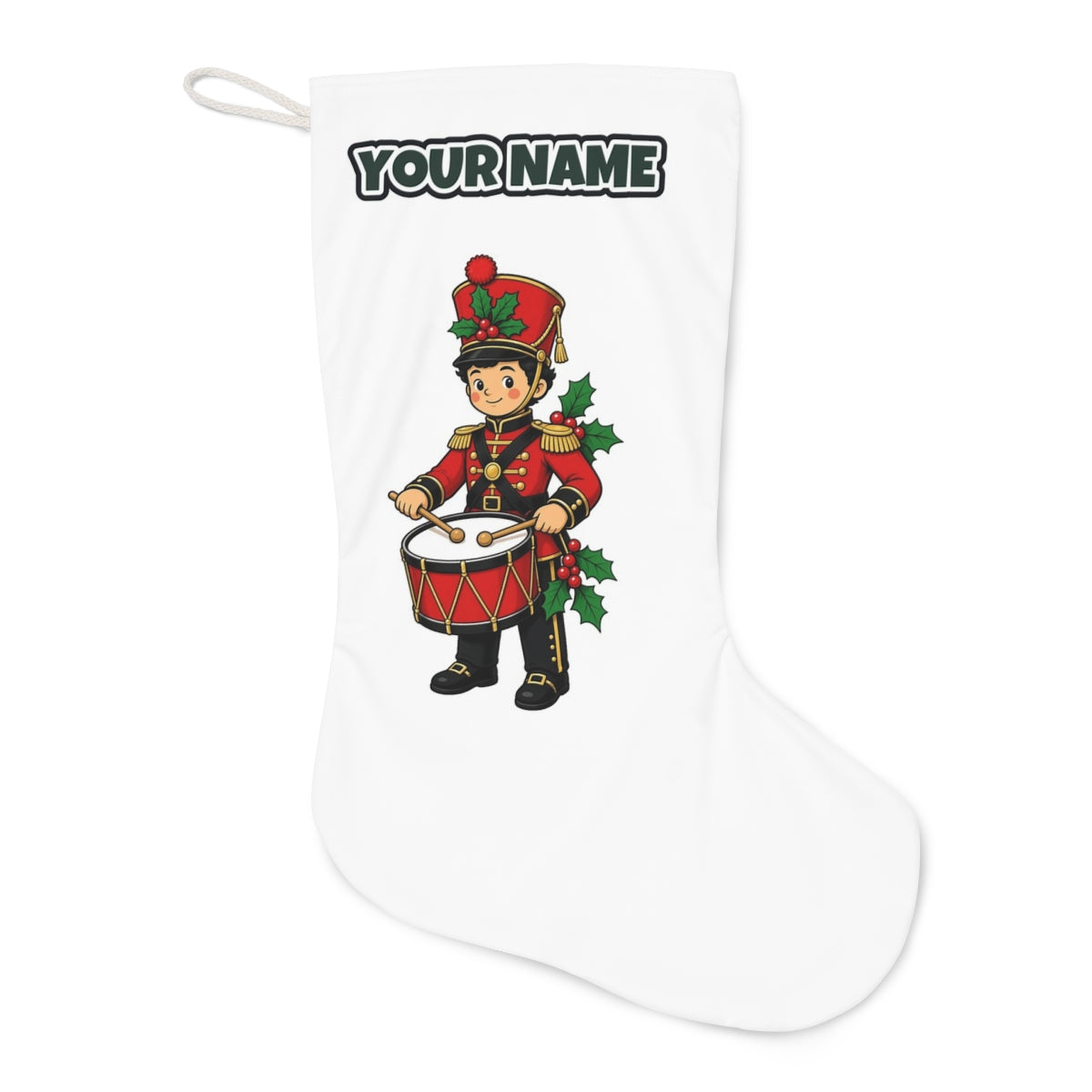 Little Christmas Drummer Boy Christmas stocking laid flat, showing the full print
