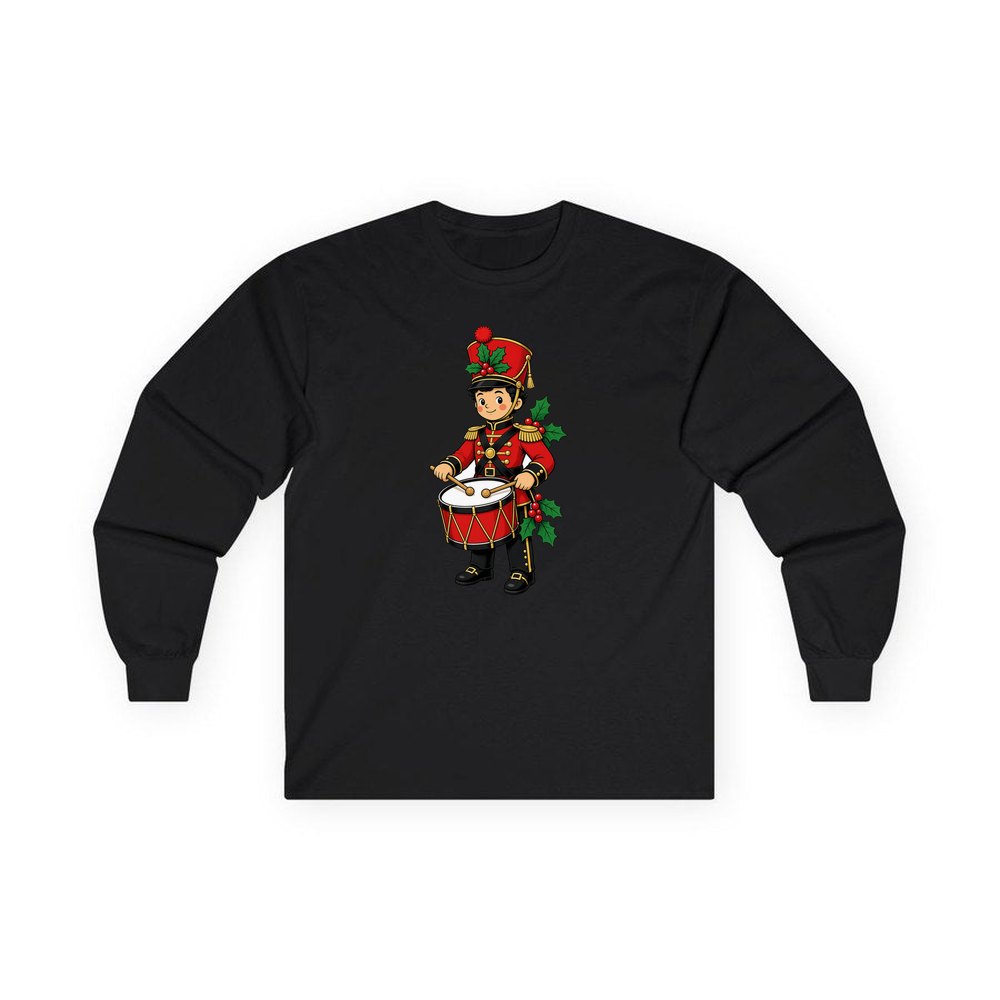 Little Christmas Drummer Boy personalised long sleeve Christmas T-shirt in black