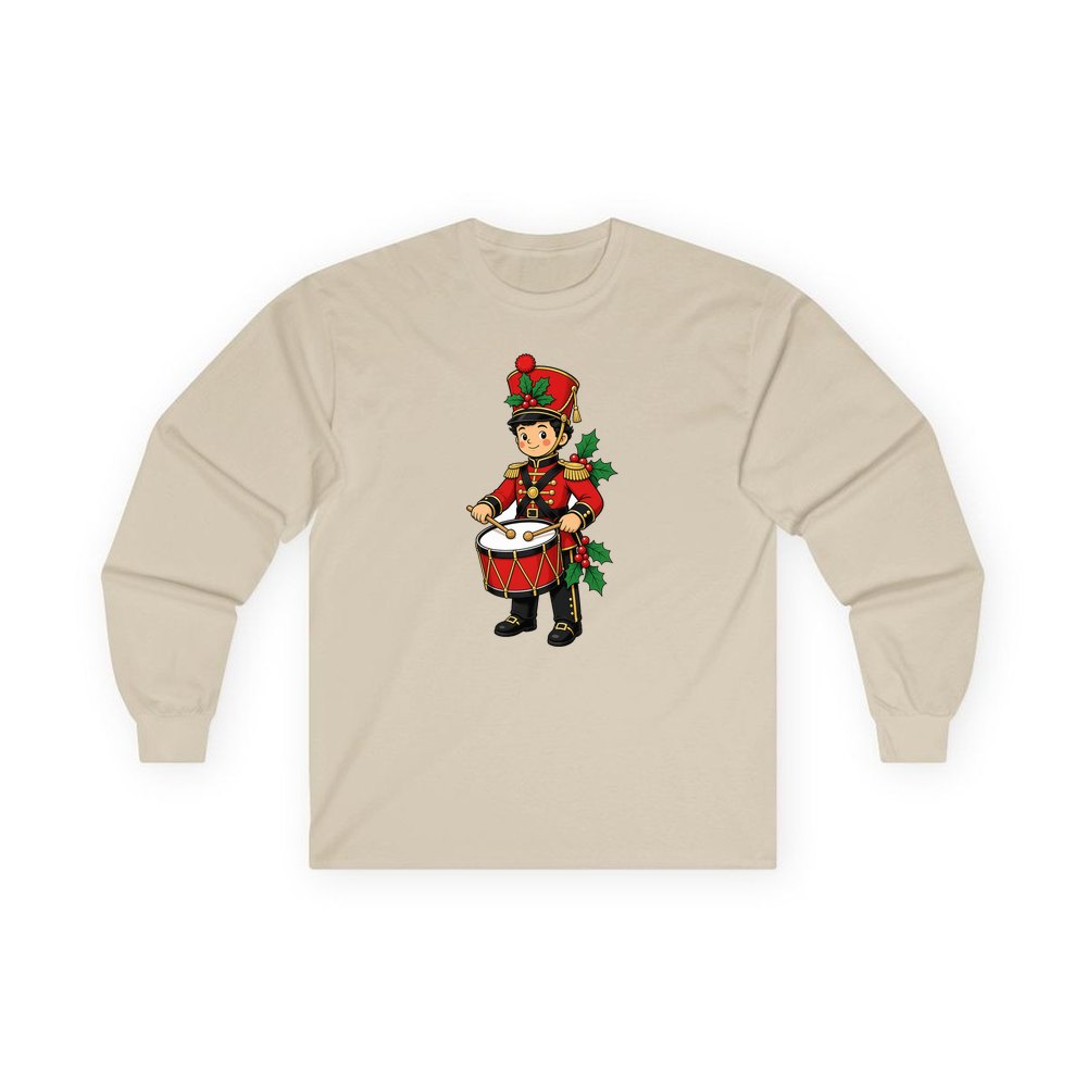 Little Christmas Drummer Boy personalised long sleeve Christmas T-shirt in sand